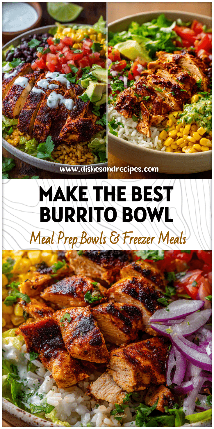 A colorful Chicken Burrito Bowl with seasoned grilled chicken, rice, and fresh toppings in a healthy Mexican bowl recipe.